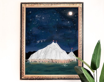 Tent Under the Stars Art Print | Nighttime Wedding Party | Outdoor Wall Art Set | Moon Wall Art | Children's Nursery | Gallery Wall