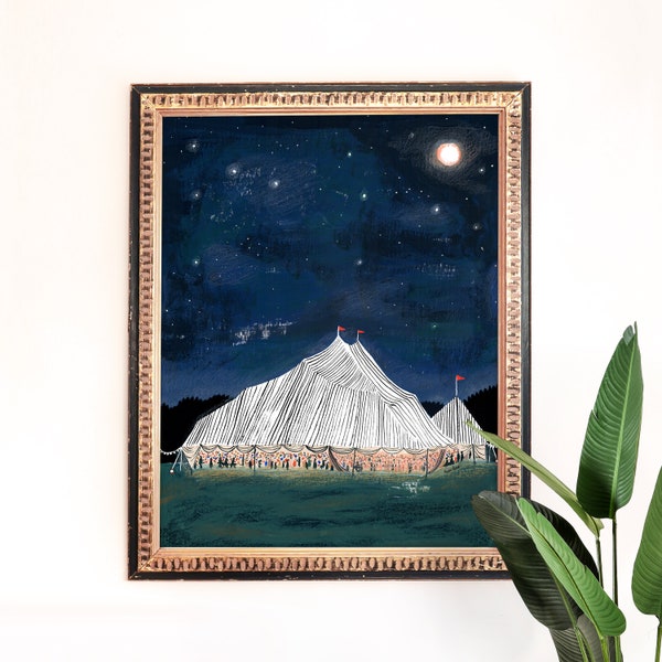 Tent Under the Stars Art Print | Nighttime Wedding Party | Outdoor Wall Art Set | Moon Wall Art | Children's Nursery | Gallery Wall