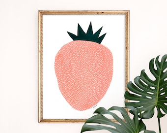 Strawberry Art Print | Polka Dot Painting | Fruit Berry Wall Art | Home Decor | Giclee Poster | Gallery Wall Set | Gouache Illustration