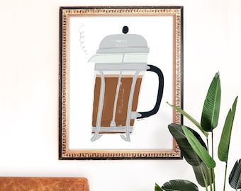 French Press Art Print | Coffee Lover Painting | Unique Wall Art | Home Decor | Giclee Poster | Gallery Wall Set | Gouache Illustration