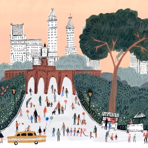 May include: A colorful illustration of a city park scene with tall buildings in the background, a brick archway, and people walking around. There are trees, a hot dog stand, and a yellow taxi cab.