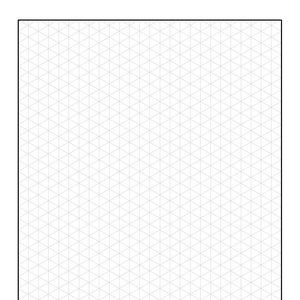 Op de afbeelding: Een wit vel isometrisch grafiekpapier met een zwarte rand. Het raster bestaat uit lichtgrijze, gelijkmatig verdeelde lijnen die een patroon van gelijkzijdige driehoeken vormen. Het papier is blanco, klaar om te tekenen of te ontwerpen.
