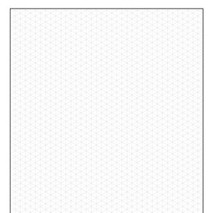 Puede incluir: Una hoja de papel gráfico isométrico con borde negro. La cuadrícula está compuesta por líneas grises claras que forman un patrón de triángulos equiláteros. El papel está en blanco, listo para dibujar.