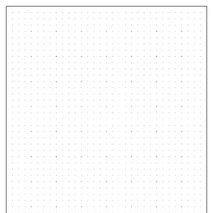 May include: A blank white dot grid paper sheet with a black border. The grid is composed of evenly spaced small dots, creating a pattern for writing, drawing, or planning. The paper is rectangular and ready for use.