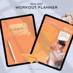 May include: Two digital tablets displaying a workout planner with an orange background. One tablet shows the word "WORKOUT" and a stylus. The other tablet shows a weekly schedule and a person holding a dumbbell. The text "2026-2027 WORKOUT PLANNER" is at the top.