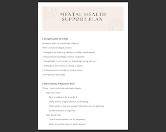 May include: A beige Mental Health Support Plan document with a minimalist design. The document includes sections on recognizing early signs and grounding techniques. Text is in a clean, easy-to-read font.