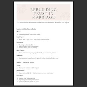 Op de afbeelding: Een wit devotioneel werkboek getiteld "REBUILDING TRUST IN MARRIAGE". De gids is voor stellen en bevat sessiethema's, belangrijke schriftgedeelten en aandachtsgebieden. De omslag bevat tekst in een zacht, neutraal kleurenpalet.