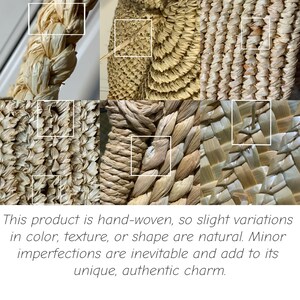 May include: Close-up of hand-woven natural fiber material, showcasing various textures and patterns. The image highlights the craftsmanship with visible imperfections, adding to its unique charm. The text states that slight variations in color, texture, or shape are natural.