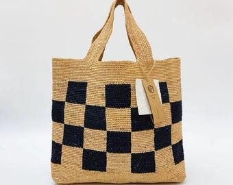 Handwoven Checkerboard Raffia Tote Bag, Natural Straw Boho Shoulder Bag