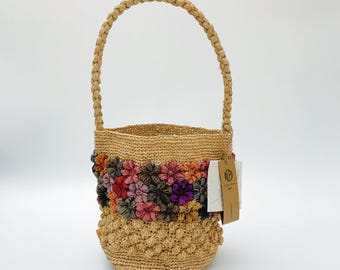 Handwoven Raffia Flower Bucket Bag, Crochet Straw Beach Purse, Boho Summer Vacation Style