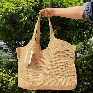 Handwoven Raffia Tote Bag, Eco Friendly Straw Bag, Large Capacity Beach Vacation Bag, French Style Boho Shoulder Handbag for Women