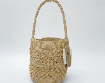 Handwoven Raffia Flower Crochet Bucket Bag, Boho Summer Beach Purse