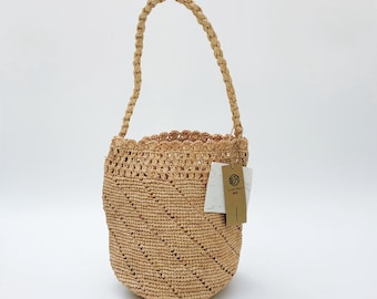 Handwoven Raffia Bucket Bag, Natural Straw Beach Purse, French Style Vacation Shoulder Bag