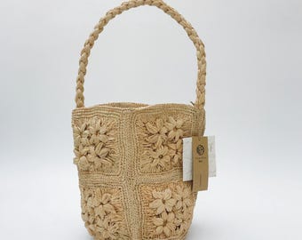 Handwoven Raffia Flower Bucket Bag, 3D Crochet Straw Purse, Boho Summer Vacation Shoulder Bag