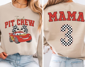 Sudadera personalizada de cumpleaños de Cars Pit Crew Mama Lightning McQueen a doble cara, camiseta familiar Pit Crew con nombre y edad personalizados, camiseta de cumpleaños de coches de carreras