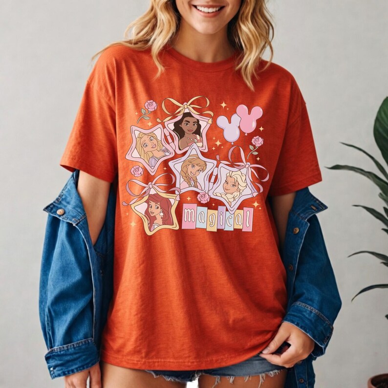 Retro Disney Princess Magisk Stjärna T-shirt, Rapunzel Vaiana Anna Elsa Ariel Coquette T-shirt, Nyckfull Prinsessa Squad Trip T-shirt, Disney Gåva T-shirt bild 8