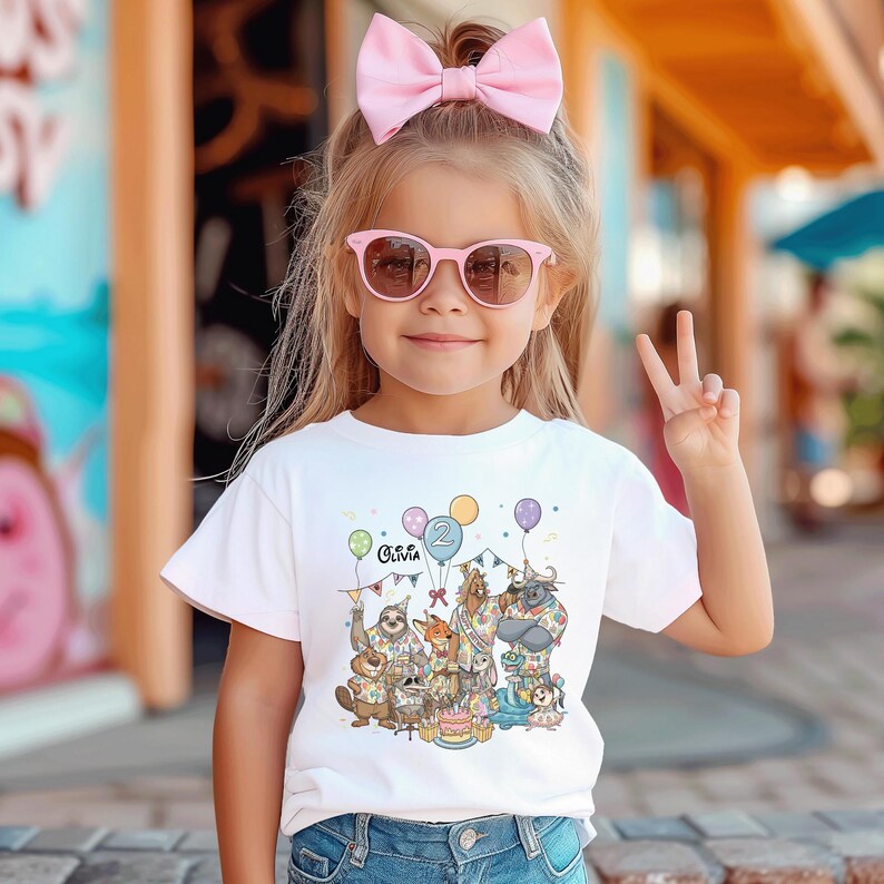 K&ouml;nnte beinhalten: Ein junges M&auml;dchen tr&auml;gt ein wei&szlig;es T-Shirt mit einem bunten Tiergeburtstagsdesign. Das Shirt zeigt den Namen "Olivia" und die Zahl "2". Sie tr&auml;gt eine rosa Sonnenbrille und eine rosa Schleife im Haar.