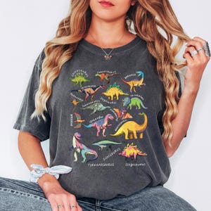 May include: Dark gray t-shirt featuring a colorful dinosaur chart. The shirt displays various dinosaurs with their names in white text. The dinosaurs are in shades of green, yellow, pink, and blue. The shirt has a vintage, washed look.