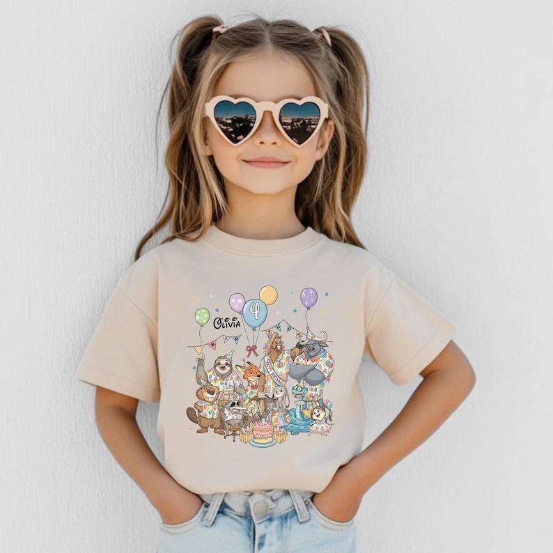 K&ouml;nnte beinhalten: Beiges T-Shirt mit einer bunten Geburtstagsparty-Szene mit Zeichentricktieren, Luftballons und einer Torte. Auf dem Shirt sind der Name "Olivia" und die Zahl "4" aufgedruckt. Das M&auml;dchen tr&auml;gt herzf&ouml;rmige Sonnenbrillen.