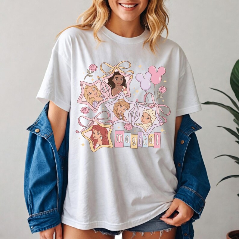 Retro Disney Princess Magisk Stjärna T-shirt, Rapunzel Vaiana Anna Elsa Ariel Coquette T-shirt, Nyckfull Prinsessa Squad Trip T-shirt, Disney Gåva T-shirt bild 2