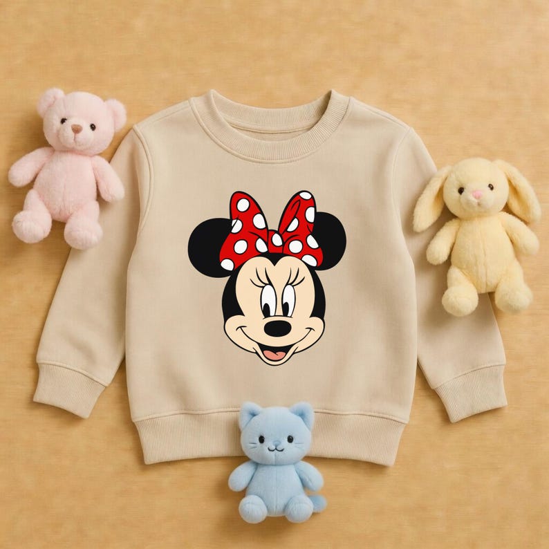May include: A beige sweatshirt with a Minnie Mouse design, featuring a red bow with white spots. The sweatshirt is surrounded by a pink teddy bear, a yellow bunny, and a blue cat soft toy.