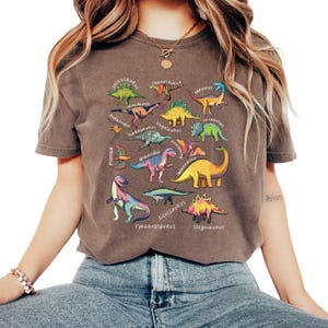 May include: A brown t-shirt featuring a colorful dinosaur graphic. The design includes various dinosaur illustrations with their names, such as Tyrannosaurus and Stegosaurus. The shirt has a vintage, worn look.