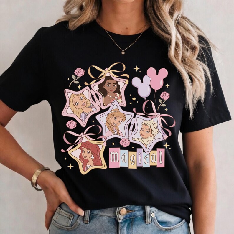 Retro Disney Princess Magisk Stjärna T-shirt, Rapunzel Vaiana Anna Elsa Ariel Coquette T-shirt, Nyckfull Prinsessa Squad Trip T-shirt, Disney Gåva T-shirt bild 7