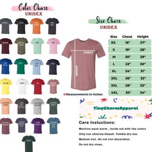 May include: A color chart and size chart for unisex t-shirts. The color chart displays various shirt colors, including black, red, and navy. The size chart shows chest and height measurements in inches, ranging from XS to 4XL. Care instructions are also included.