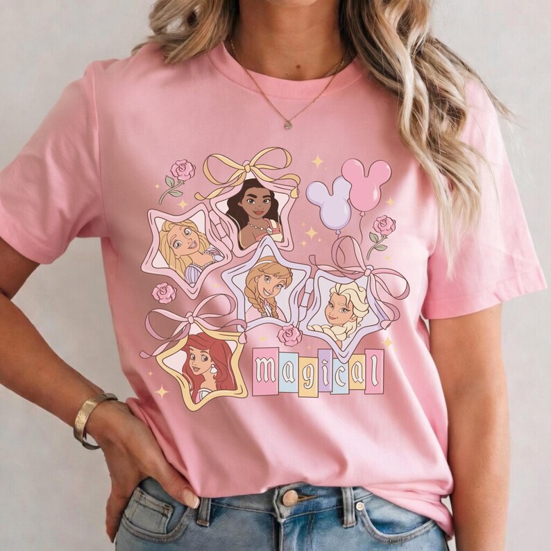 Retro Disney Princess Magisk Stjärna T-shirt, Rapunzel Vaiana Anna Elsa Ariel Coquette T-shirt, Nyckfull Prinsessa Squad Trip T-shirt, Disney Gåva T-shirt bild 3