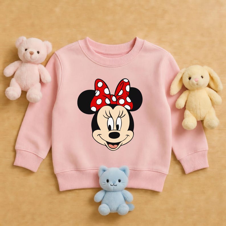 May include: A pale pink sweatshirt with a Minnie Mouse design, a red bow with white spots. The image includes a pink teddy bear, a yellow bunny, and a blue cat soft toy.