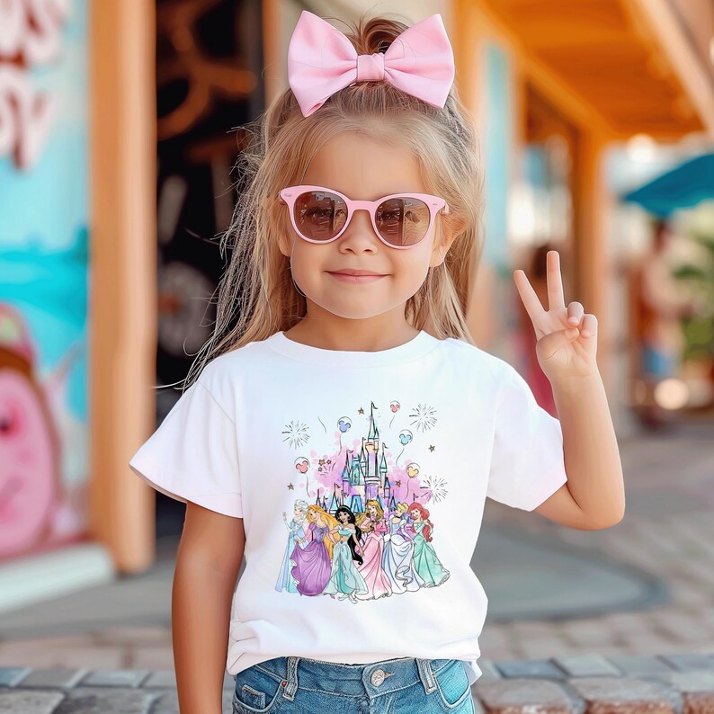May include: A young child wearing a white t-shirt featuring a colorful graphic of Disney princesses in front of a castle. The child is also wearing pink sunglasses and a pink bow. The child is giving a peace sign.