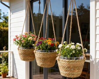 Natural Rattan Style Hanging Basket – Handwoven Boho Hanging Pot