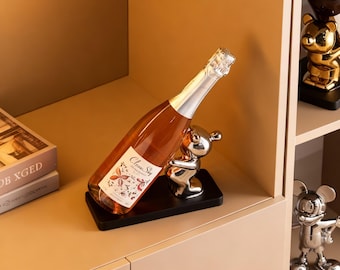 Bear Bottle Holder – Gold or Silver | Modern Wine Display Stand | Cute Home Decor Gift
