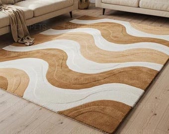 Modern Abstract Wave Rug | Brown Beige Textured Area Carpet