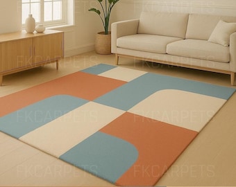 Retro Color Block Rug | Orange, Blue, Beige Geometric Carpet