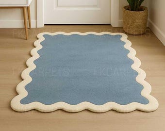 Blauw tapijt met golvende rand 5 x 8 crèmekleurige geschulpte rand voor nauwkeurigheid kamerdecor, accenttapijt