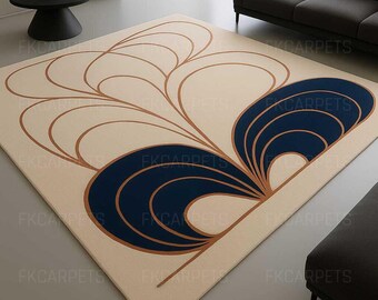 Abstract Cream Rug | Modern Blue & Brown Curves, Minimalist Decor