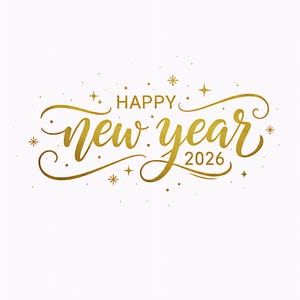 May include: A gold-coloured script design on a white background, reading "Happy New Year 2026". The text is adorned with small starbursts and dots. The design is elegant and celebratory, suitable for cards or decorations.