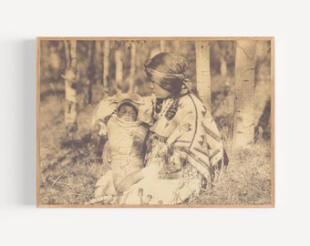 Assiniboin Mother and Child, Edward Curtis Photography, Native America Wall Art, Native America Photography, Vintage Native America Photo.