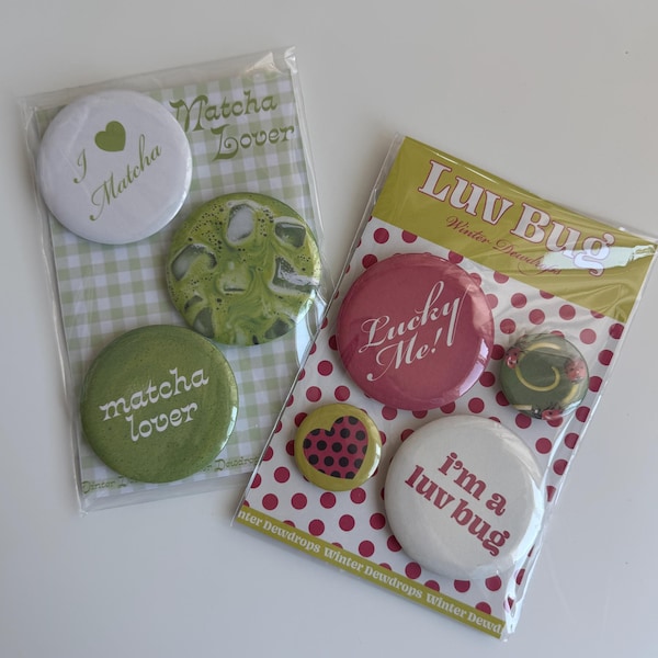 Ręcznie robione zestawy guzików – szpilki, guziki, zawieszki do torebek, biedronka, ptaszek, matcha