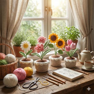 Puede incluir: Una escena acogedora con flores de ganchillo hechas a mano en macetas, incluyendo margaritas, girasoles y tulipanes. Una cesta de lana, ganchos de ganchillo, tijeras y un bloc de notas con bocetos están sobre una mesa de madera.