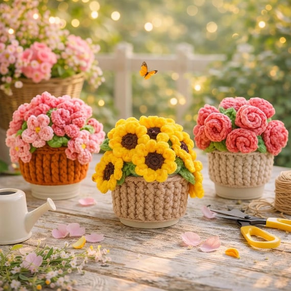 Crochet Flower Pot & Floral Coaster Pattern PDF, Rose and Sunflower Crochet Decor, Cottagecore Tea Table Handmade Design