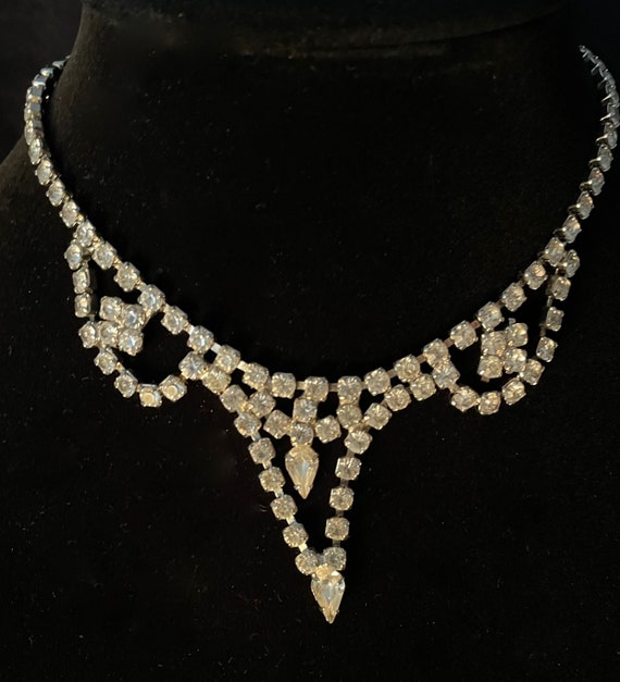 Vintage Clear Rhinestone Choker Necklace 1950s Gla