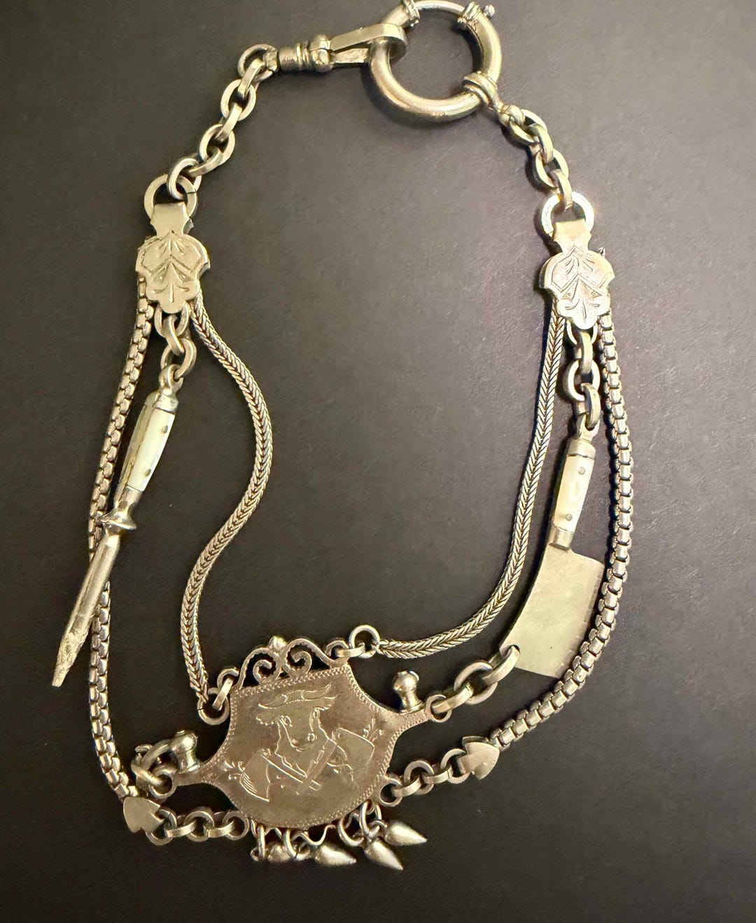 Antique Nickel Pocket Watch Chain Bull Heraldry Butcher Cleaver Mother ...