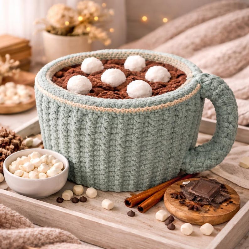May include: A large, crocheted mug in shades of teal and beige, filled with a brown substance and topped with white spheres. The mug sits on a wooden tray with cinnamon sticks, chocolate, and a small bowl of marshmallows. A cozy, handmade item.