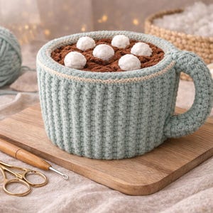 May include: A crocheted mug in a light teal color, filled with brown yarn and topped with white yarn balls, sits on a wooden cutting board. A ball of teal yarn, crochet hook, and scissors are nearby. The mug has a handle and a cream-colored trim.