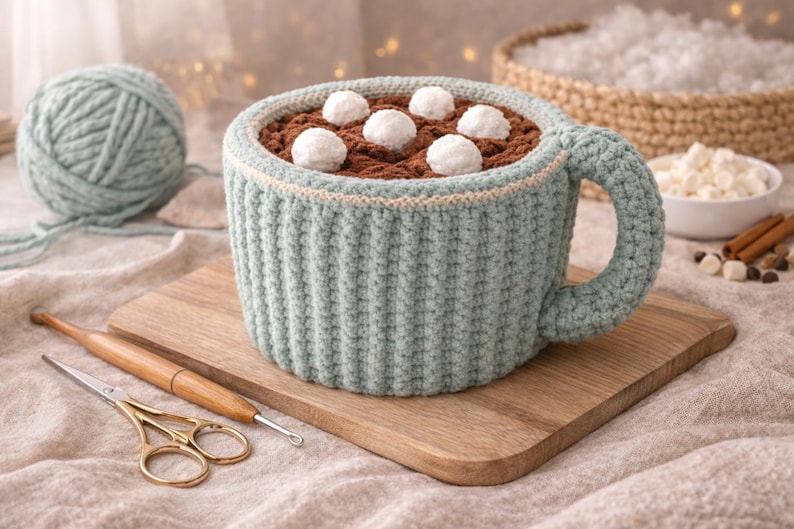 May include: A crocheted mug in a light teal color, filled with brown yarn and topped with white yarn balls, sits on a wooden cutting board. A ball of teal yarn, crochet hook, and scissors are nearby. The mug has a handle and a cream-colored trim.