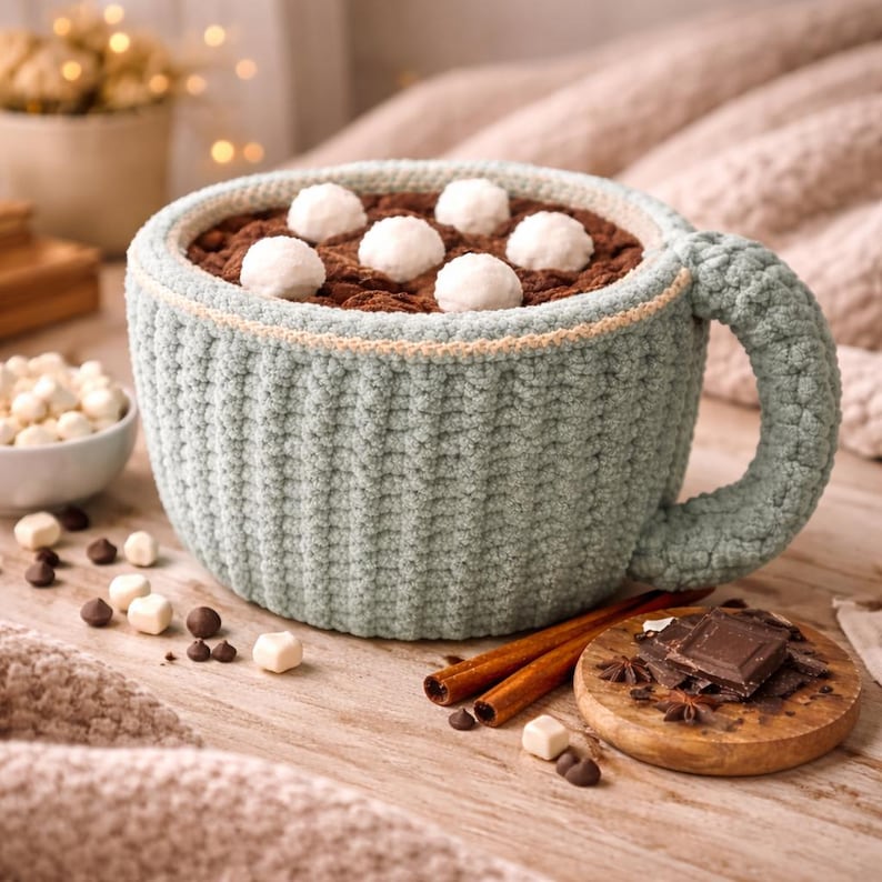May include: A large, crocheted mug in a soft green color, filled with a dark brown liquid and topped with white marshmallows. The mug has a light beige trim and a large handle. Cinnamon sticks, chocolate pieces, and marshmallows are scattered around the mug.