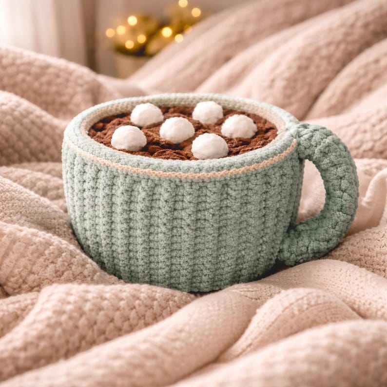 May include: A crocheted mug in a soft teal color, filled with brown yarn and topped with white yarn balls, resembling hot chocolate with marshmallows. The mug has a large handle and sits on a textured, light-colored blanket.