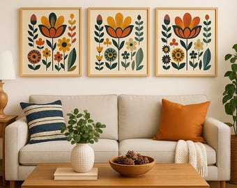 Floral Print Set of 3 | Norwegian Folk Art, Scandinavian Decor (Digital Download)